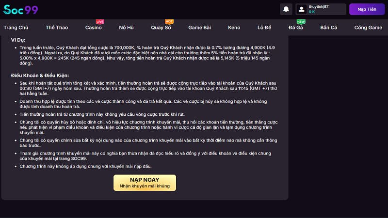 Điều khoản và điều kiện nhận hoàn trả slots game SOC99