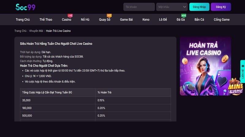 Khuyến mãi SOC99 khi chơi tại sảnh Casino