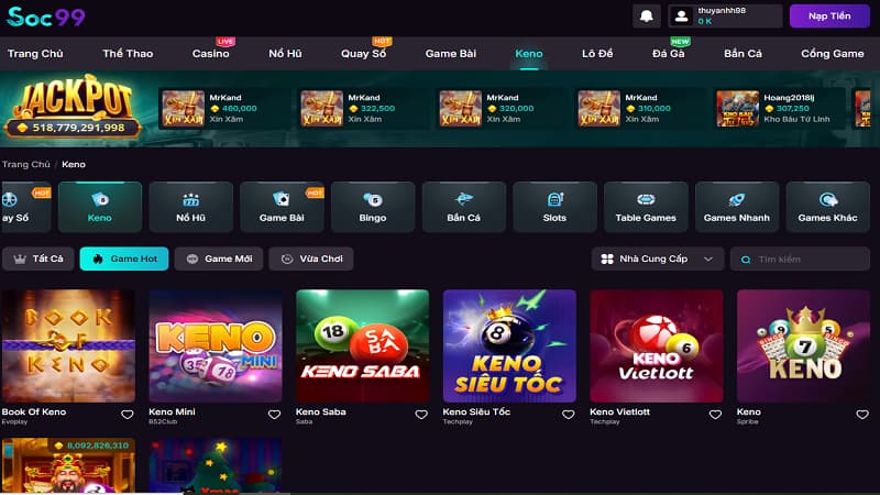 Keno SOC99 với giá trị giải thưởng cực cao 