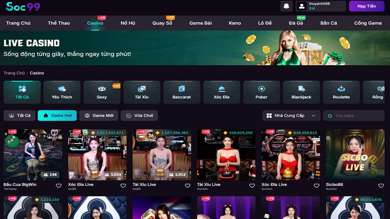 Sảnh casino live tại nhà cái SOC99
